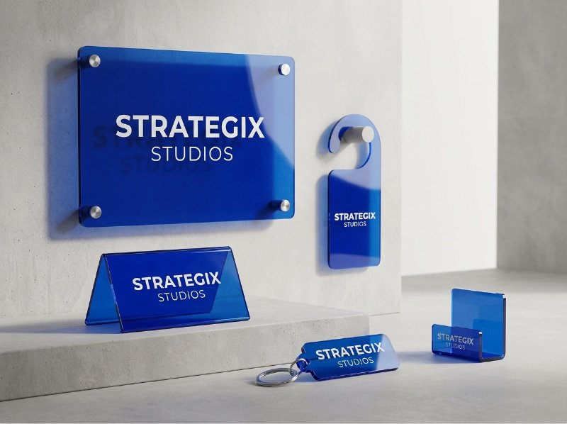 Custom laser-cut acrylic sign with precise engraving by Strategix Studios